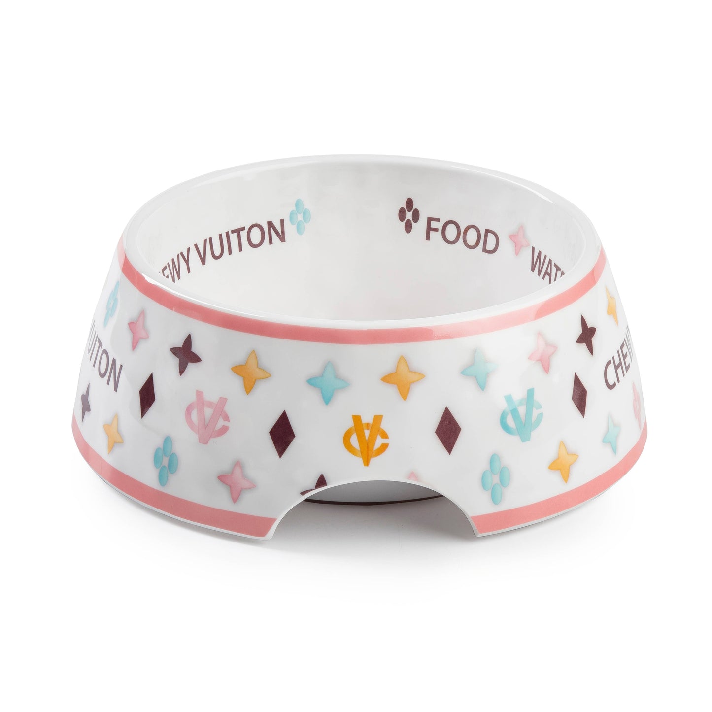 White Chewy Vuiton Dog Bowl -