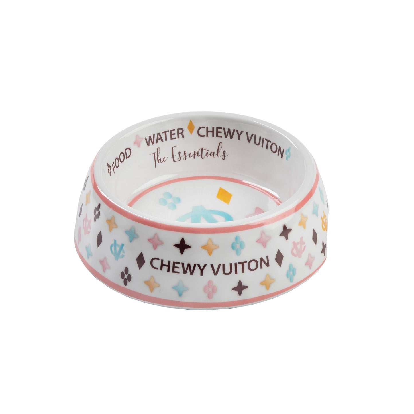 White Chewy Vuiton Dog Bowl -