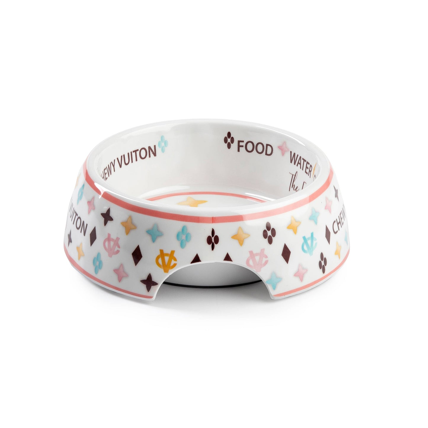 White Chewy Vuiton Dog Bowl -