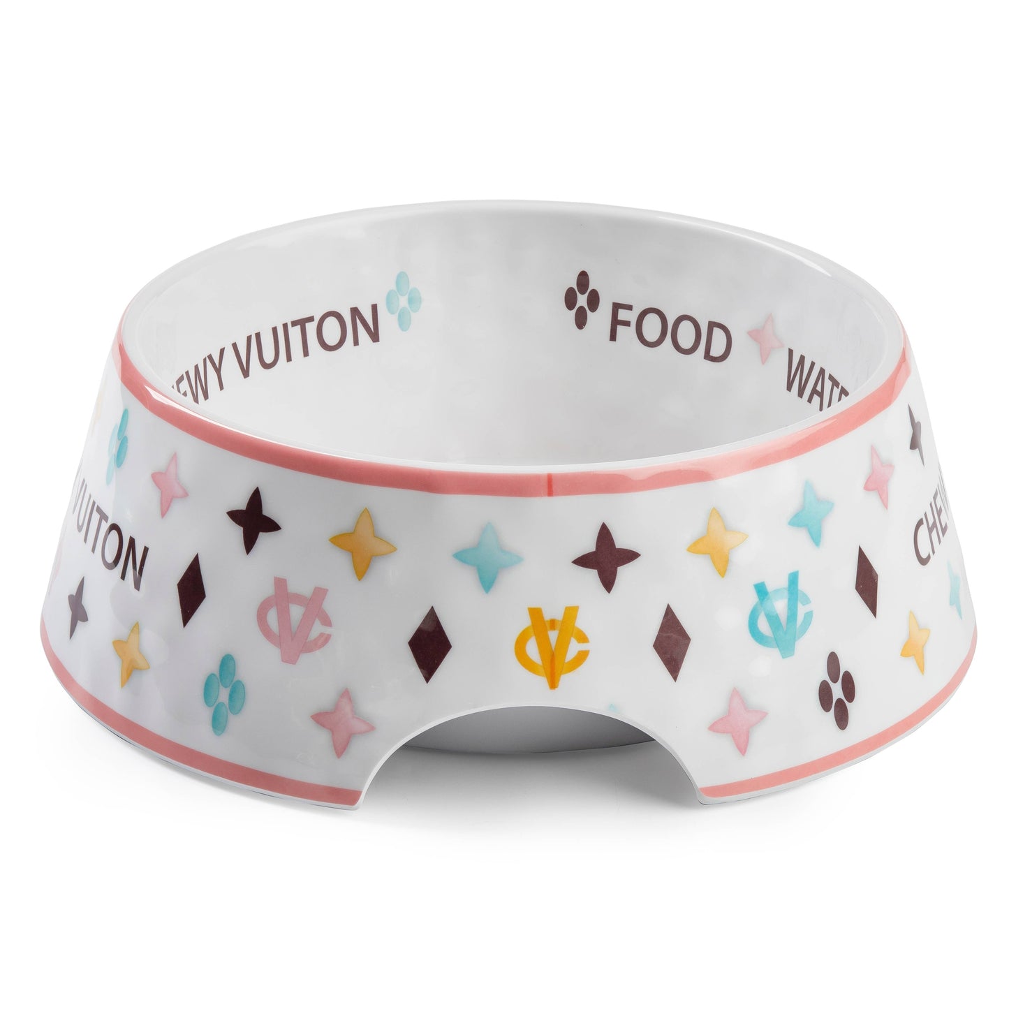 White Chewy Vuiton Dog Bowl -
