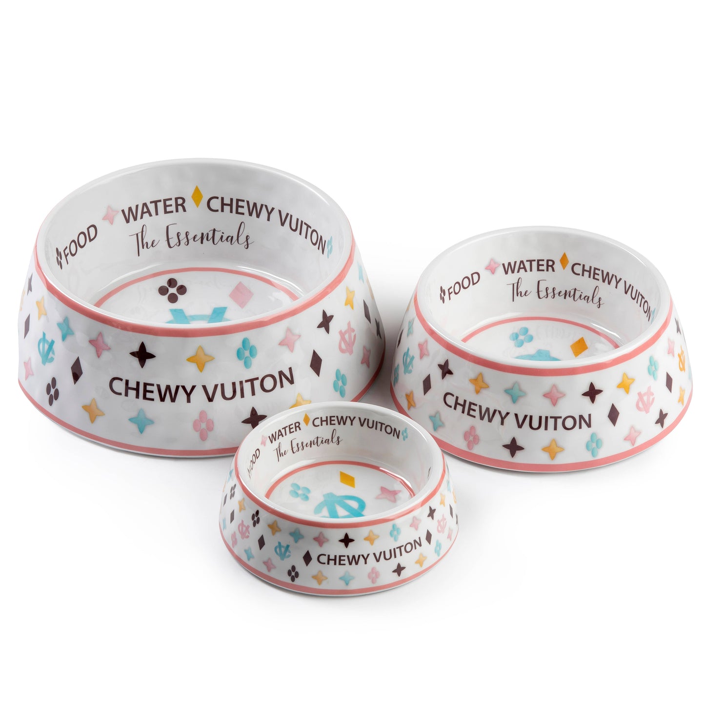 White Chewy Vuiton Dog Bowl -