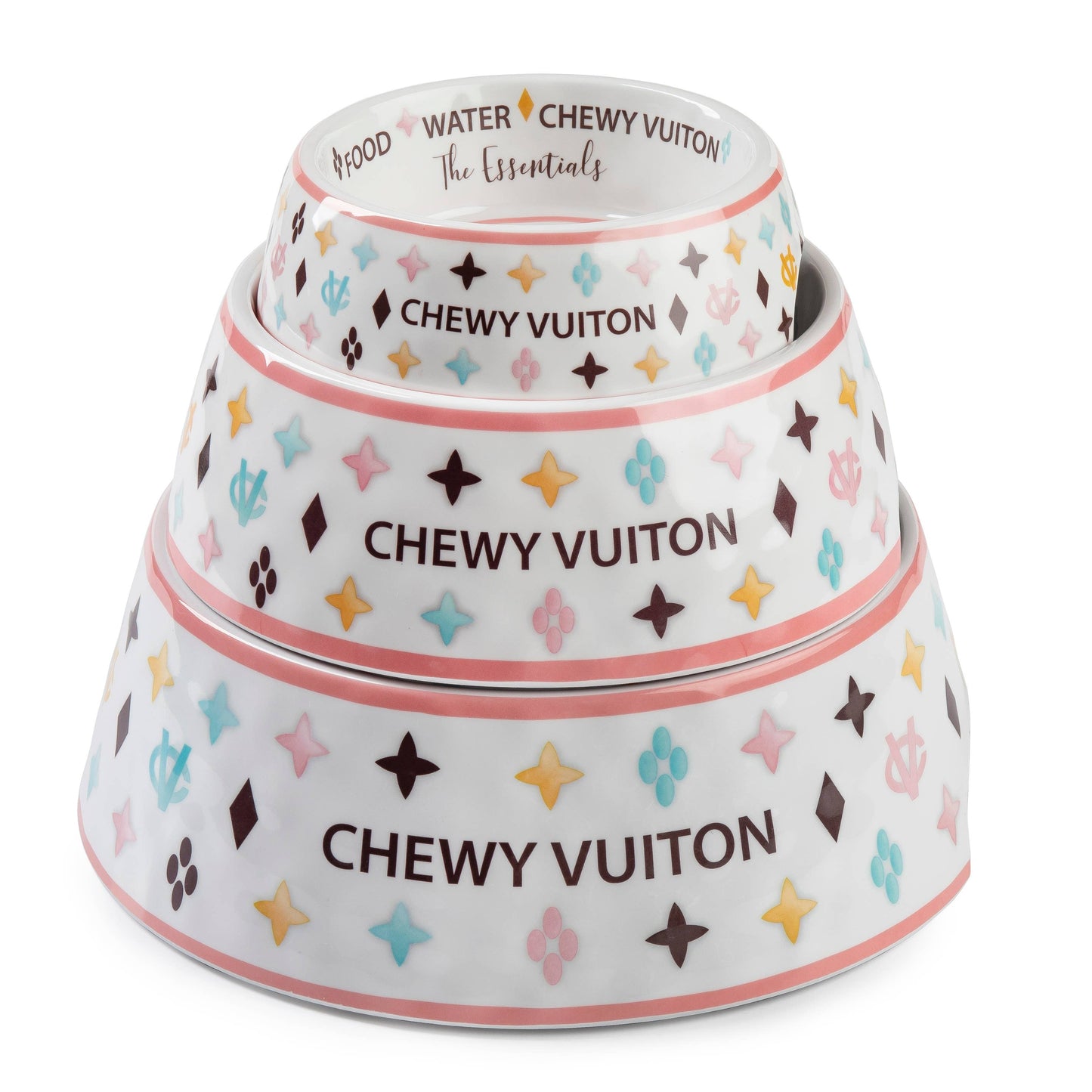 White Chewy Vuiton Dog Bowl -