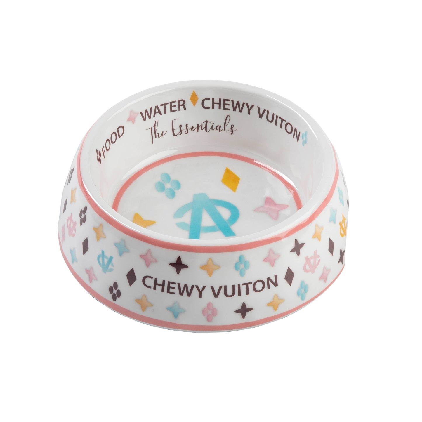 White Chewy Vuiton Dog Bowl -