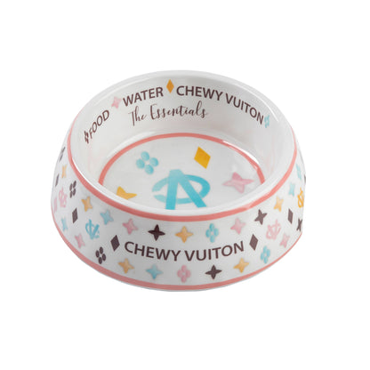 White Chewy Vuiton Dog Bowl -