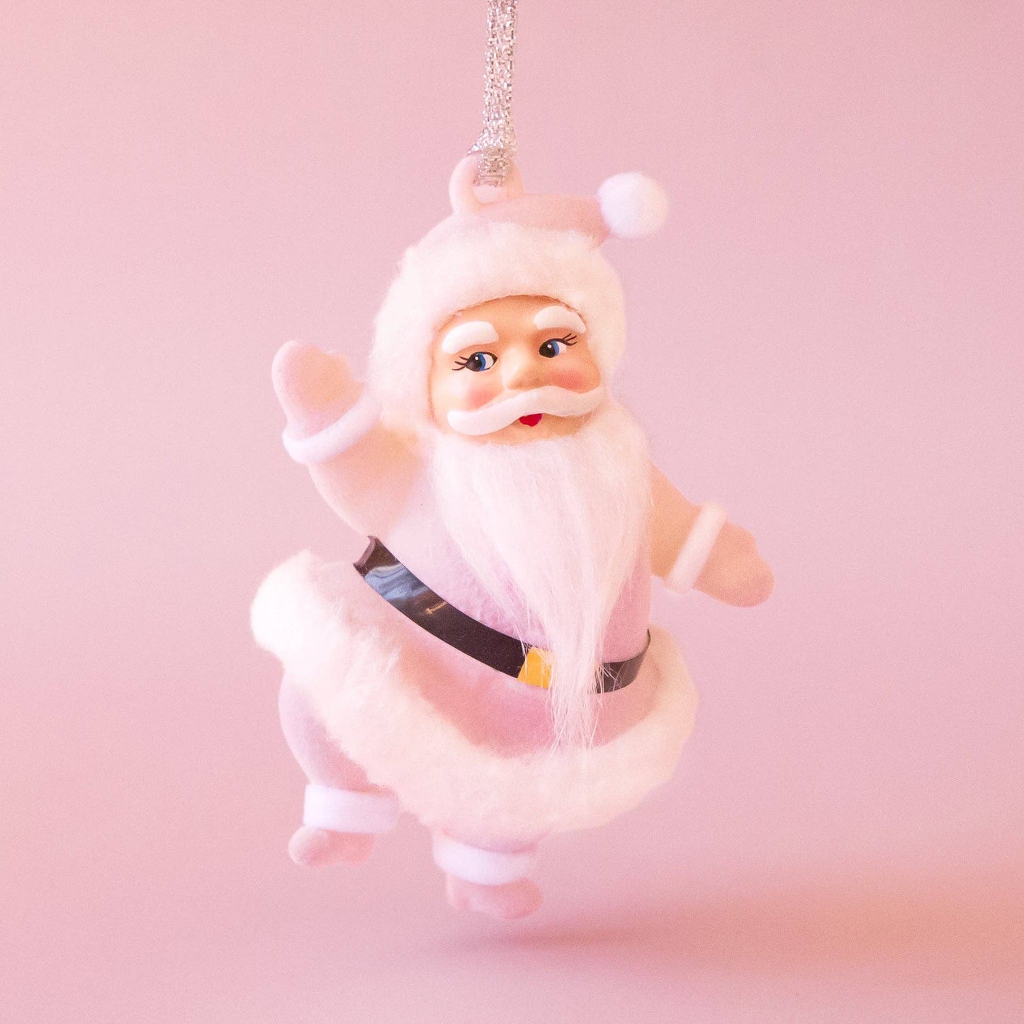 Retro Flocked Dancing Santa Ornament | Light Pink