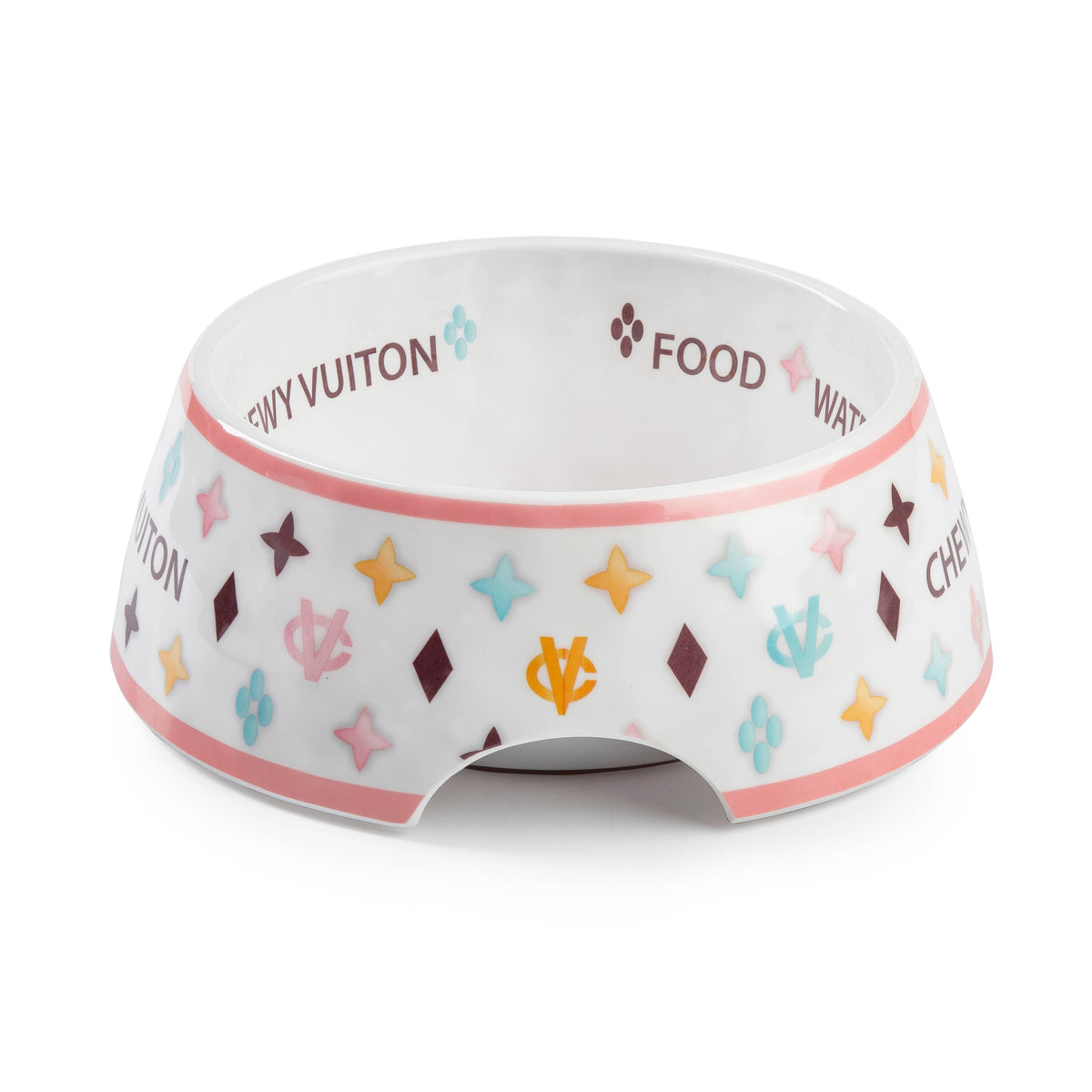 White Chewy Vuiton Dog Bowl -