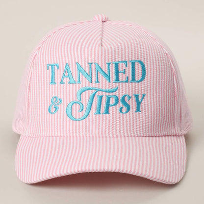 TANNED & TIPSY Embroidered Seersucker Stripe Trucker Hat