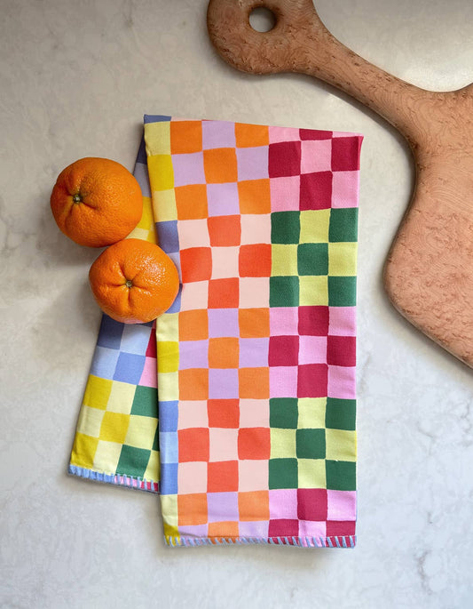 Rainbow Checks Tea Towel with Embroidered Detail