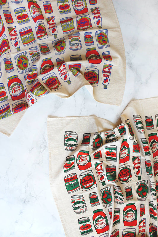 Canned Tomatoes Screen Printed Tea Towel 