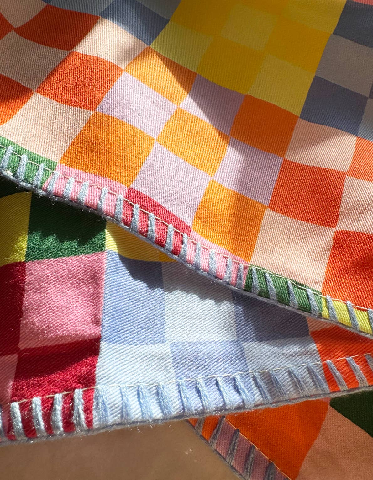 Rainbow Checks Tea Towel with Embroidered Detail