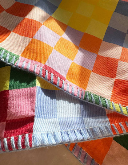 Rainbow Checks Tea Towel with Embroidered Detail